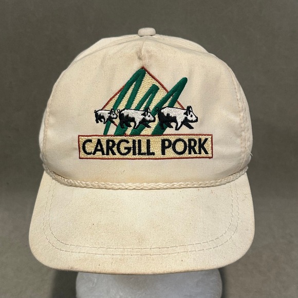 Vintage Cargill Pork Rope Hat Cream Leather Strapback Golf Buckle Agriculture